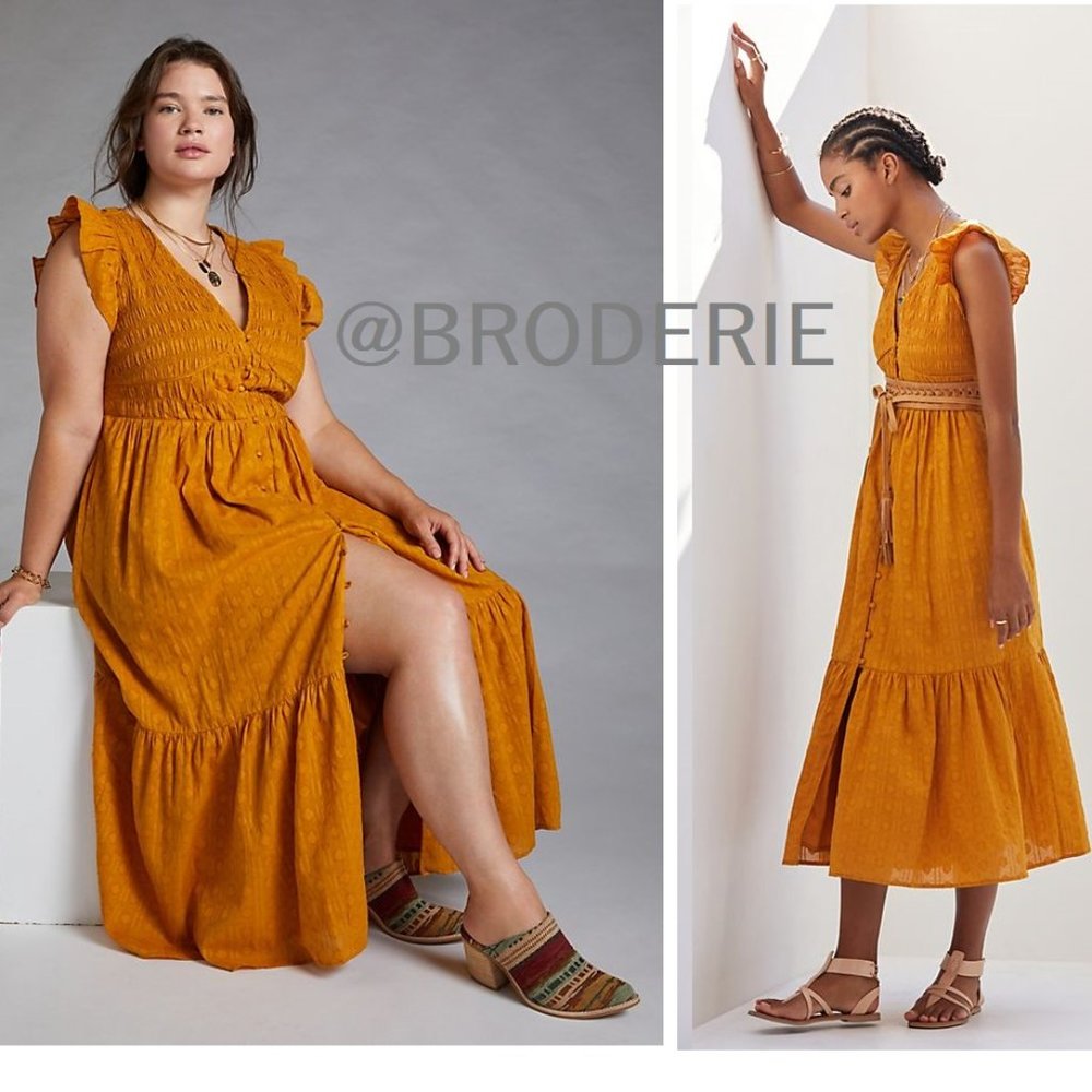 Anthropologie Smocked Ruffle Midi cotton Dress